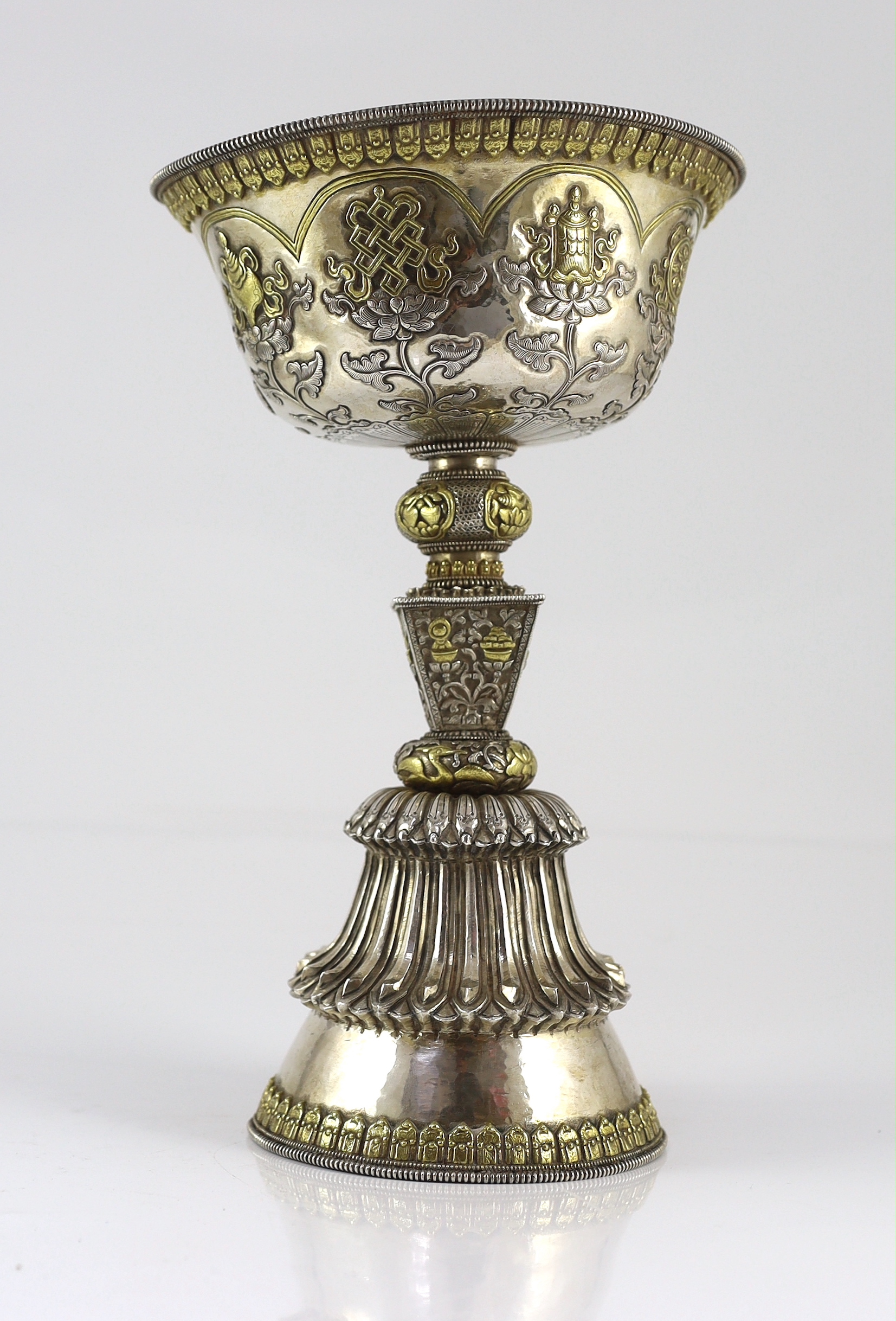 A large Tibetan silver and parcel gilt butter lamp, syou deng, 19th century